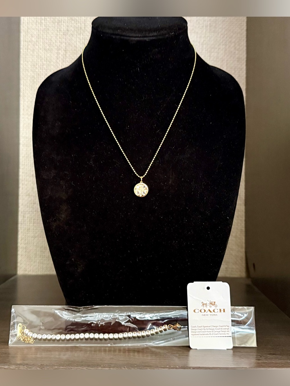 Coach Pink Crystal Medallion Necklace & Gold Filled Zircon Tennis Bracelet